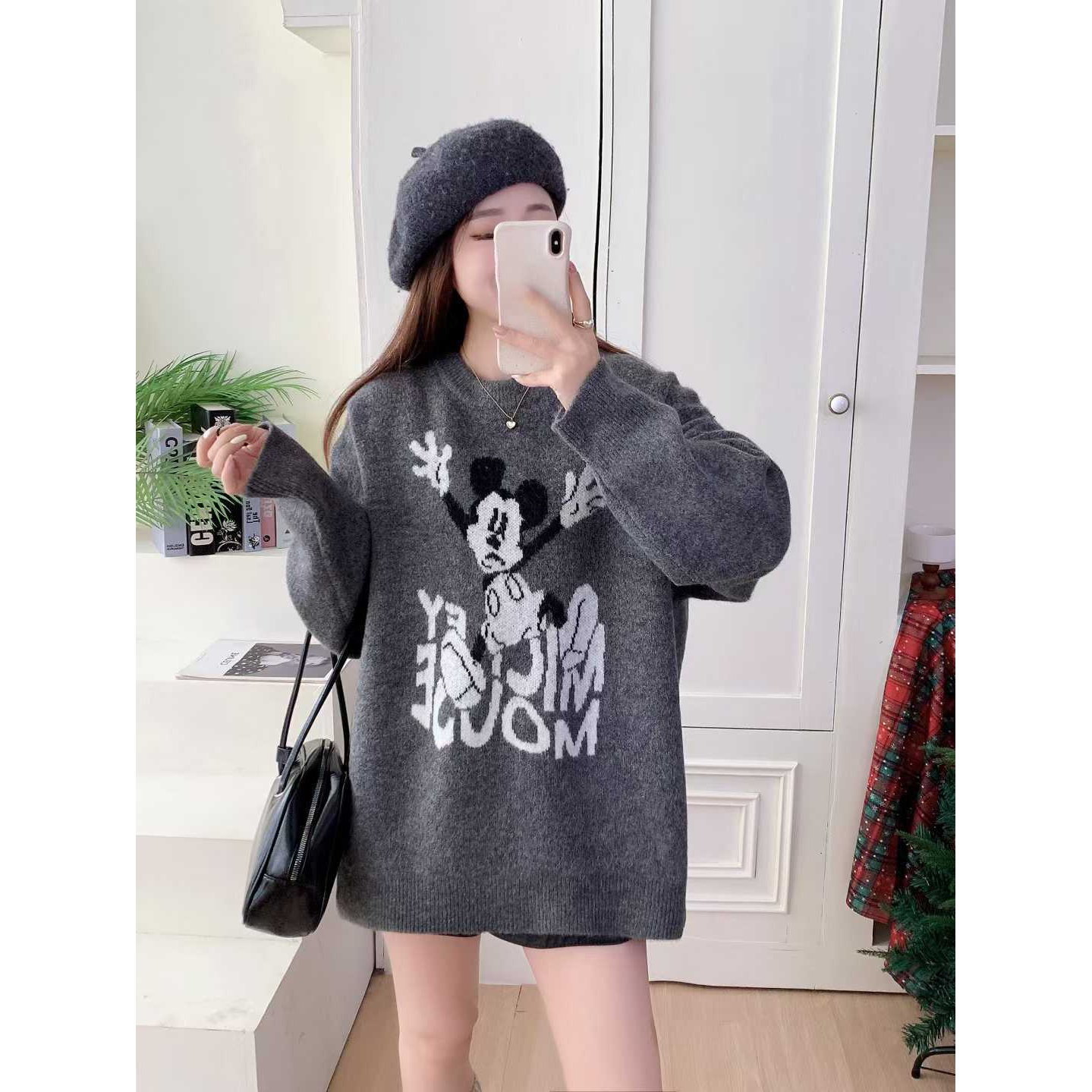 园园美衣新款米奇卡通图案毛衣女慵懒风圆领套头长袖针织衫上衣女