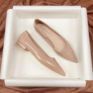 工作鞋 巴黎时尚 漆皮尖头浅口裸色单鞋 女2025年新款 黑色职业平底鞋