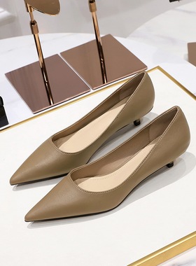 裸色尖头高跟鞋女2025新款百搭不累脚低跟单鞋黑色职业工作鞋3CM