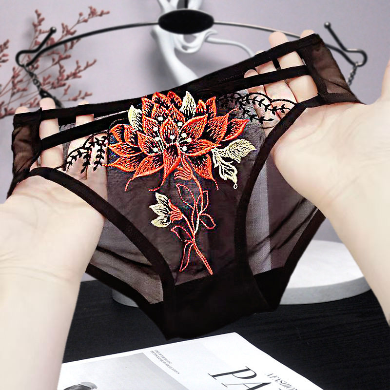 4条装透明蕾丝刺绣花朵内裤女低腰火辣老公的爱镂空时尚三角裤女