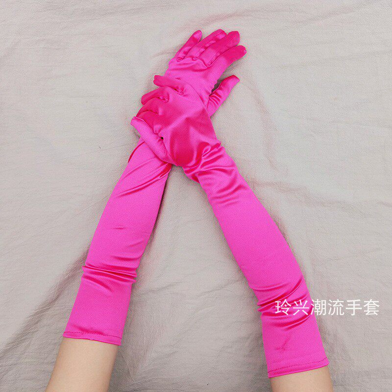 缎面长手套弹力星光派对多巴胺芭比粉玫红色公主题cos少女艺术照