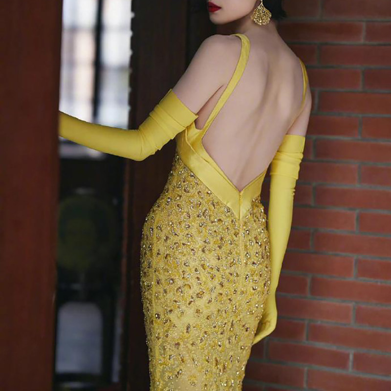 倪妮同款长手套黄色薄款过肘防晒触屏弹力紧身晚礼服复古透气骑行