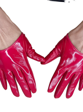 超短款漆皮手套16cm分指青年仿皮pu时尚芭莎造型配饰闪亮新年红色