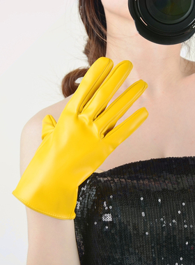 长袖皮手套女超短性感过肘仿真皮保暖紧身显瘦姜黄色鹅黄色摄影