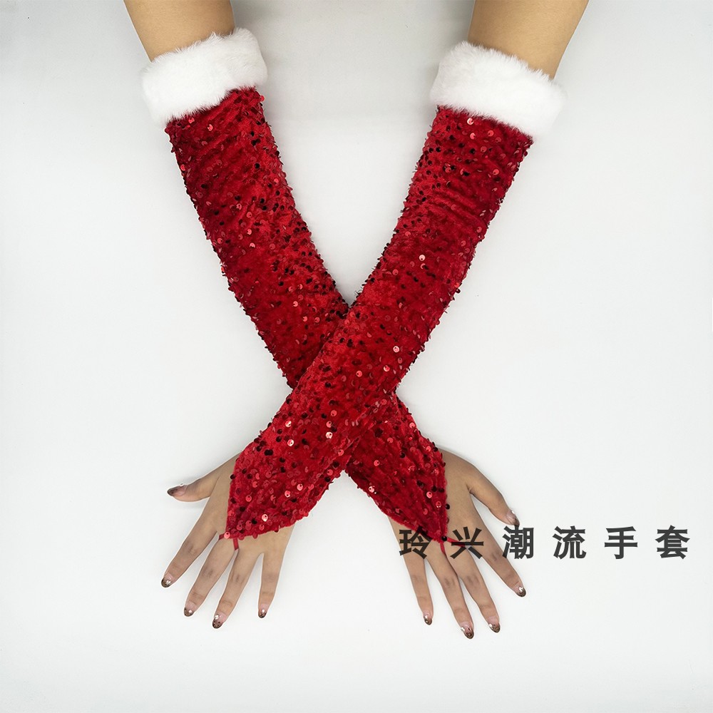 新年红亮片手套保暖毛边袖套