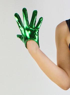 超短款漆皮手套16cm分指青年仿皮pu时尚芭莎服饰配饰孔雀绿色迷彩