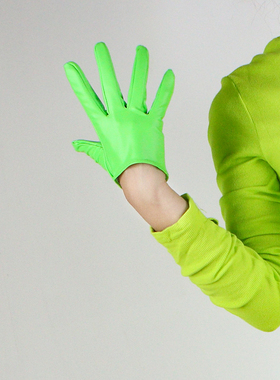 超短款漆皮手套16cm分指青年仿皮pu时尚芭莎服饰配饰荧光绿色青色