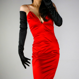 黑色长款手套70cm弹性丝光珠光仿真丝绸缎面过肘防晒婚纱礼服写真