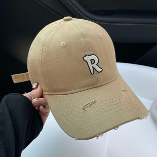 韩版 简约棒球帽女做旧破洞字母百搭刺绣软顶秋冬男鸭舌帽显脸小