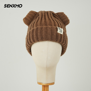 针织帽女韩版 可爱小熊耳朵毛线帽子百搭显脸小加厚保暖冷帽潮 冬季