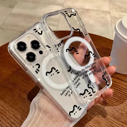 简约透明线条黑猫适用苹果17ProMax磁吸手机保护硬壳