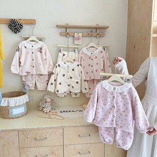 儿童家居服套装雪粒绒男童女宝冬季开衫加绒加厚保暖睡衣批发