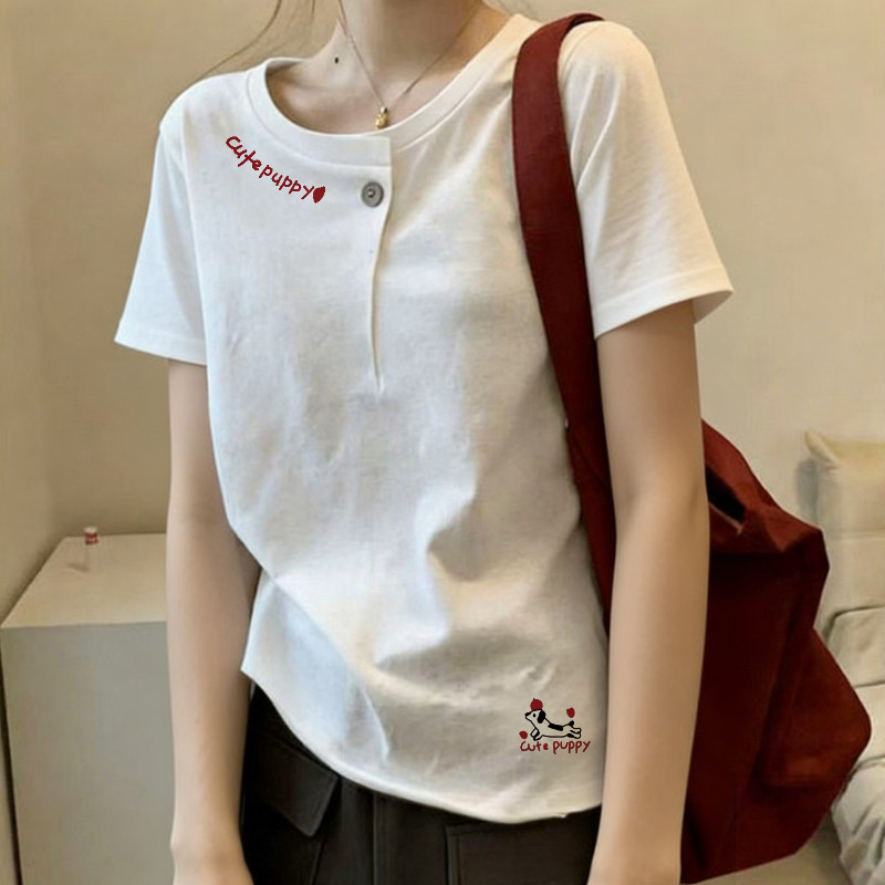 面料摸起来舒服！洋气白色领口纽扣短袖T恤女宽松显瘦百搭上衣潮