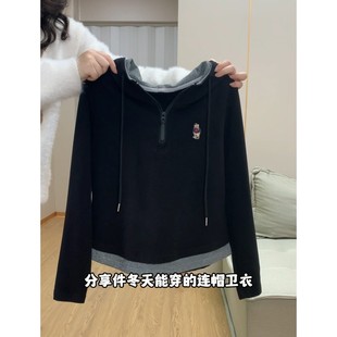 奥特莱斯 上衣 清仓捡漏撞色拼接假两件连帽卫衣女遮肉显瘦打底衫