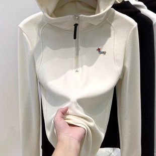 奥特莱斯 清仓捡漏半拉链磨毛德绒连帽卫衣女慵懒风内搭保暖上衣