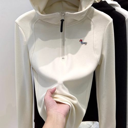 半拉链磨毛德绒连帽卫衣女