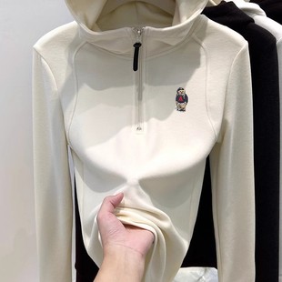 潮 加绒外套帽衫 奥特莱斯 清仓捡漏半拉链德绒连帽卫衣女秋冬修身