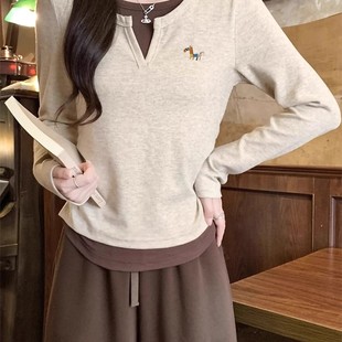 奥特莱斯 T恤秋冬设计收腰显瘦上衣 清仓捡漏撞色拼接假两件长袖