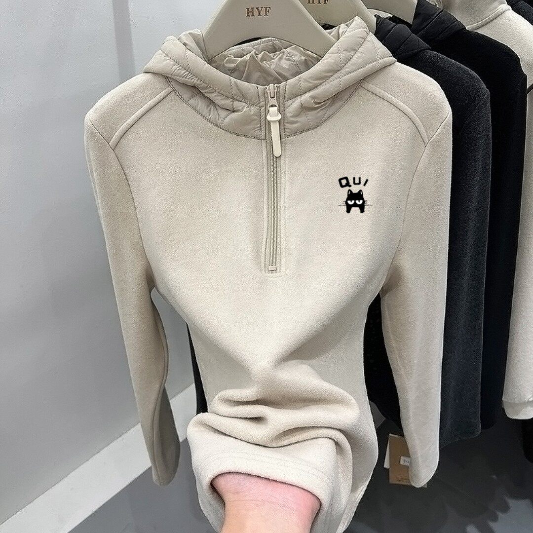 真心推荐这款半拉链连帽卫衣女秋冬修身保暖外套卡通印花时尚上衣