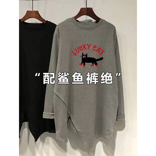 显瘦上衣潮 T恤女不规则开叉中长款 芜湖谁穿谁好看 磨毛德绒长袖