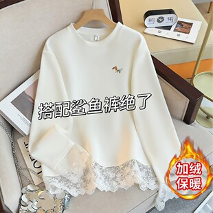 加绒中长内搭打底衫 t恤女蕾丝冬新款 潮 欧货白色长袖 质感很不错