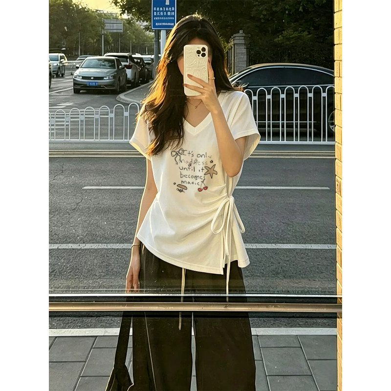不规则绑带收腰显瘦正肩上衣