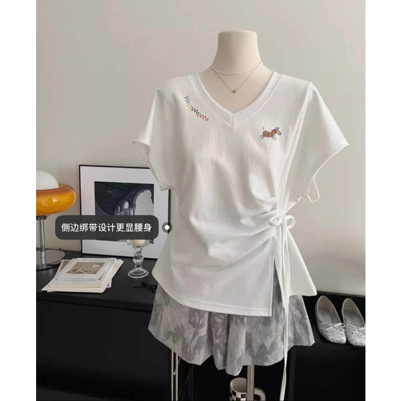 清仓捡漏~专柜撤回不规则绑带v领白色短袖T恤女高级感收腰上衣ins