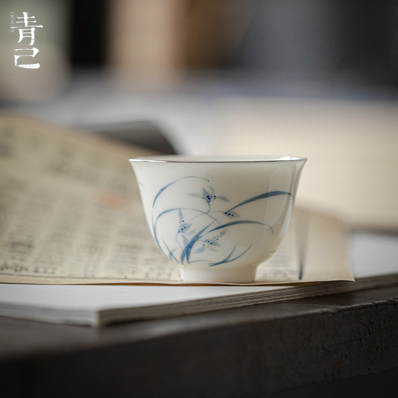 一品仟堂青己青花手绘描银口品茗杯功夫茶具玉泥薄胎君兰福灵茶杯