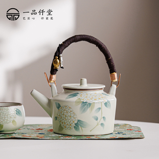汝窑绣球花提梁壶2025新款陶瓷开片可养单壶大容量茶壶泡茶家用