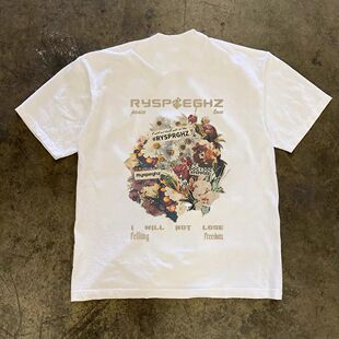 潮牌短袖t恤美式复古高街字母花卉印花T恤男ins痞帅炸街休闲230G