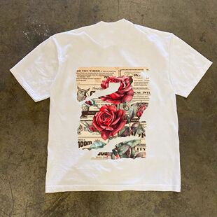潮牌短袖t恤欧美高街创意报纸花卉印花T恤男ins痞帅潮流炸街230G