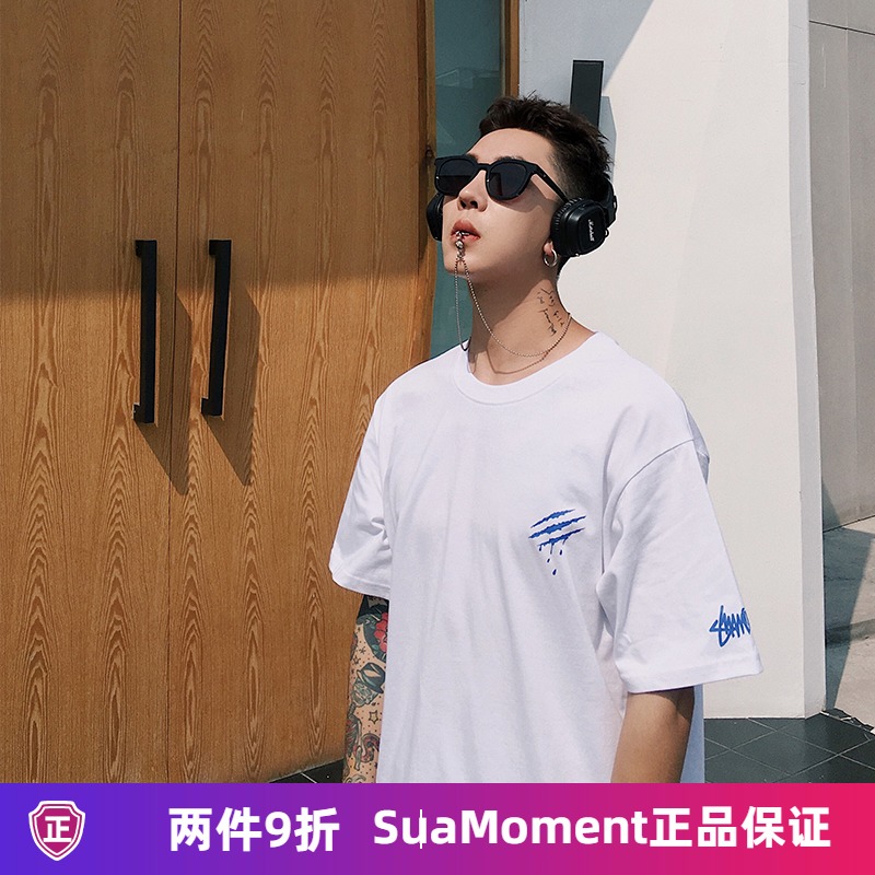 SuaMoment夏季小爪子血爪抓痕字母短袖T恤男女宽松基础INS情侣款