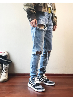 CONK LAB重工艺裤脚拉链刀割水洗破坏破洞街头风浅色修身牛仔裤薄