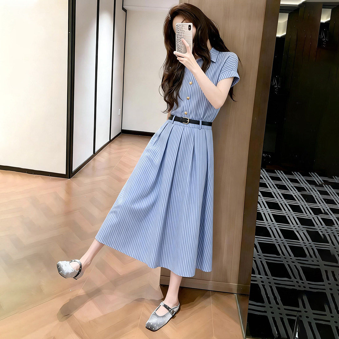 法式蓝色条纹衬衫连衣裙女