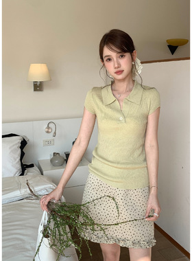 衣尔衫 正肩羊毛翻领纯色修身韩系显瘦百搭针织衫女短袖上衣YE040