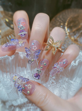 爆闪紫色蝴蝶星球手工穿戴甲片网红极光蝴蝶结立体假指甲贴片U38