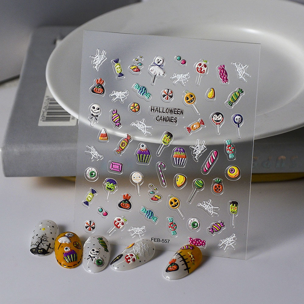 不给糖就捣蛋万圣浮雕美甲贴纸卡通糖果小鬼儿童可爱背胶指甲贴