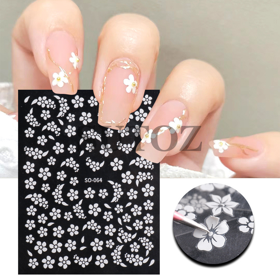 新款3d立体五瓣花美甲贴纸白色清新花朵指甲背胶贴花装扮nail