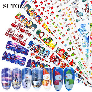 爆款美甲冬季圣诞大片套装水印贴纸彩色雪人指甲转印贴花nail