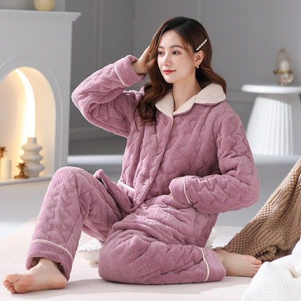 2025新款冬季睡衣女款珊瑚绒加绒加厚三层夹棉秋冬天可外穿家居服