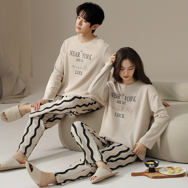 新款情侣睡衣春秋款纯棉长袖女秋季可出门春秋华夫格男运动家居服