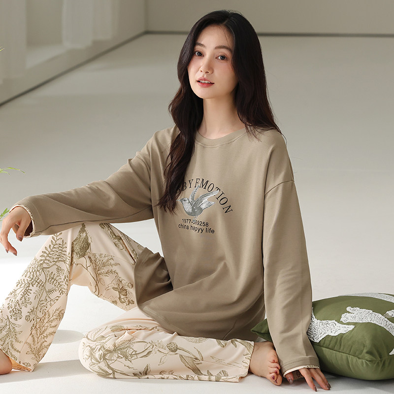 新款春秋季睡衣女款莱卡棉纯棉长袖长裤圆领可外穿家居服春秋套装