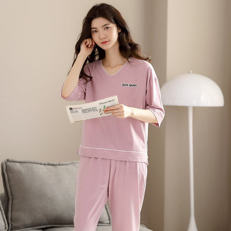 睡衣女2024年新款夏款短袖长裤纯棉全棉可外穿家居服纯色两件套装