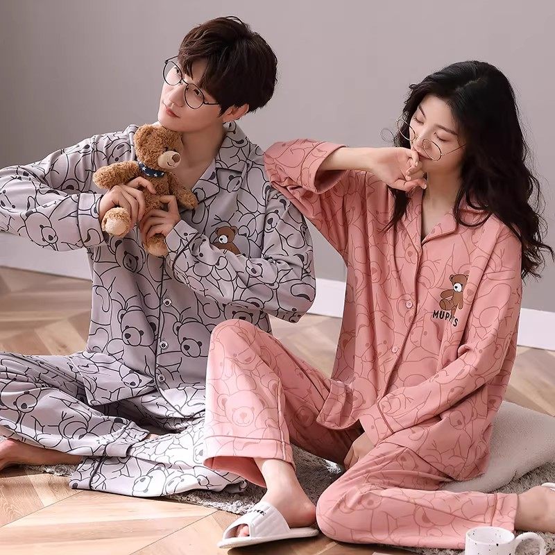 开衫新款情侣睡衣春秋纯棉长袖长裤可爱女卡通青年男家居服两件套
