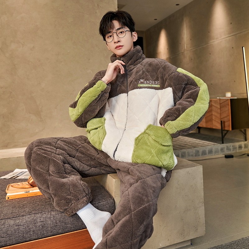 男款睡衣冬季三层夹棉加厚加绒珊瑚绒保暖法兰绒家居服套装秋冬天