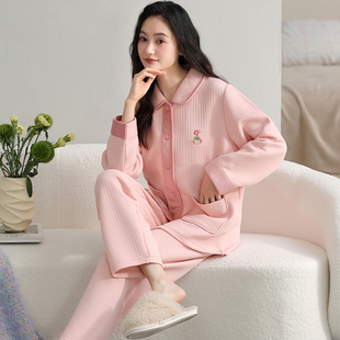 纯棉夹层睡衣女秋冬天可外穿长袖长裤居家套装夹棉居家居服秋冬季