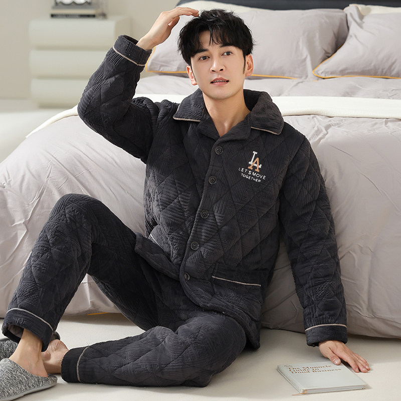 睡衣男冬款珊瑚绒三层夹棉袄男士秋冬季居家服加绒加厚男款家居服