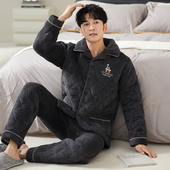 睡衣男冬款 家居服 居家服加绒加厚男款 珊瑚绒三层夹棉袄男士 秋冬季