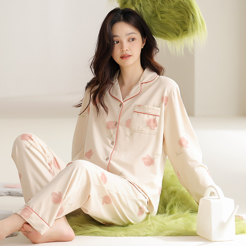 莱卡棉2024年新款睡衣女春秋纯棉长袖长裤秋季女款居家服开衫套装