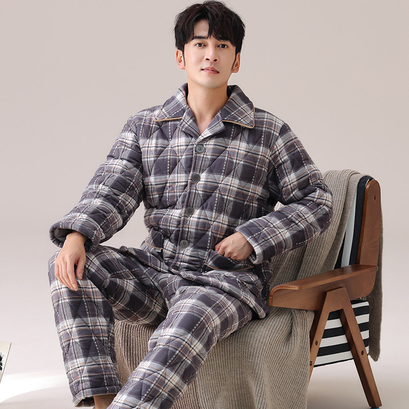 保暖梭织夹棉男款睡衣家居服纯棉三层加绒棉袄珊瑚绒冬天加厚大码